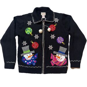 Vintage Snowman Sweater M Winter Holiday Knit 90s Festive Novelty Zip Cardigan
